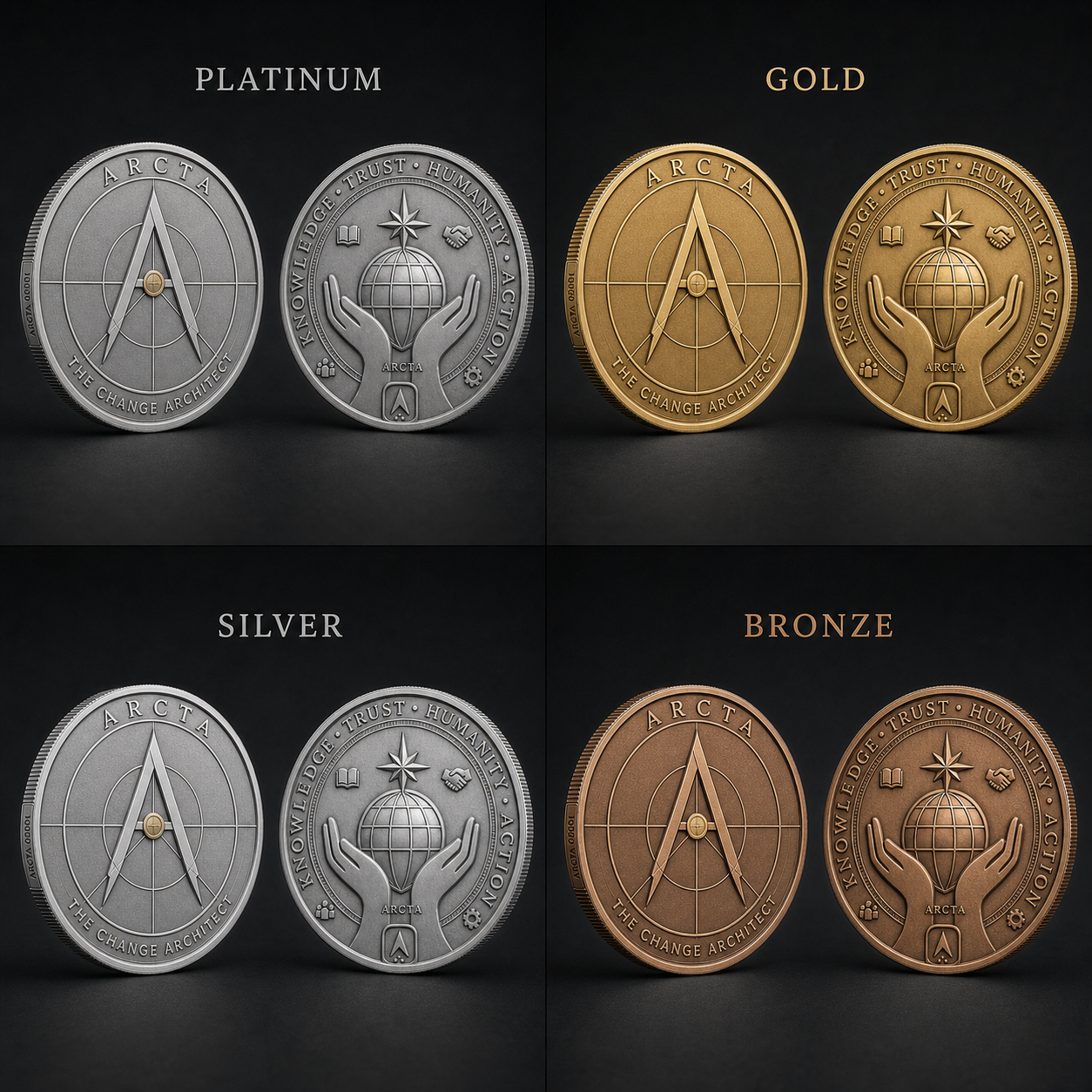 ARCTA platinum, gold, silver and bronze physical coin design editions